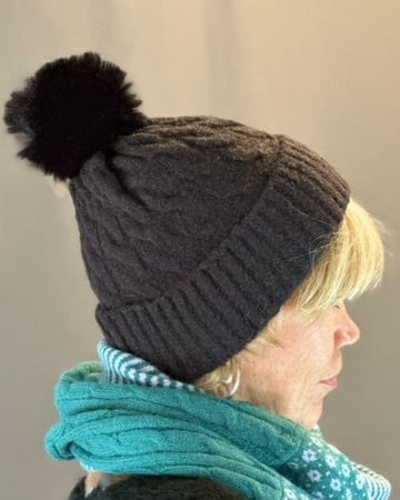Hats Recycled Black Cable Knit Pom Pom Hat
