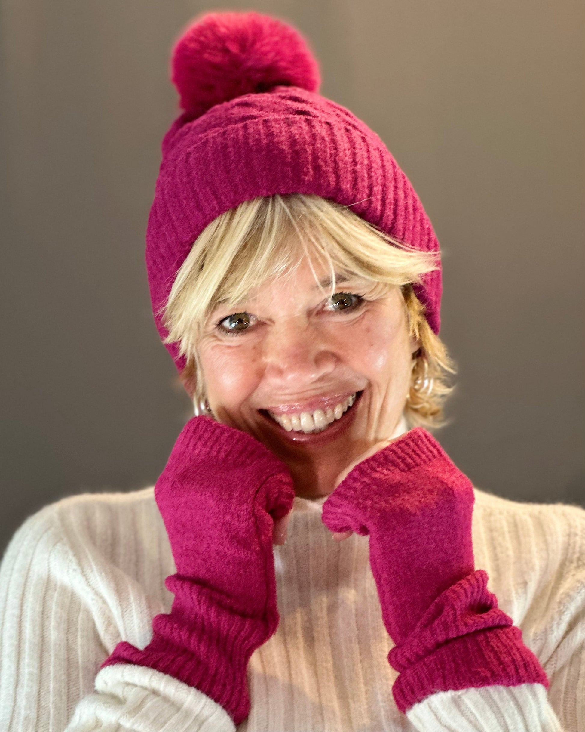 Hats Recycled Magenta Cable Knit Pom Pom Hat