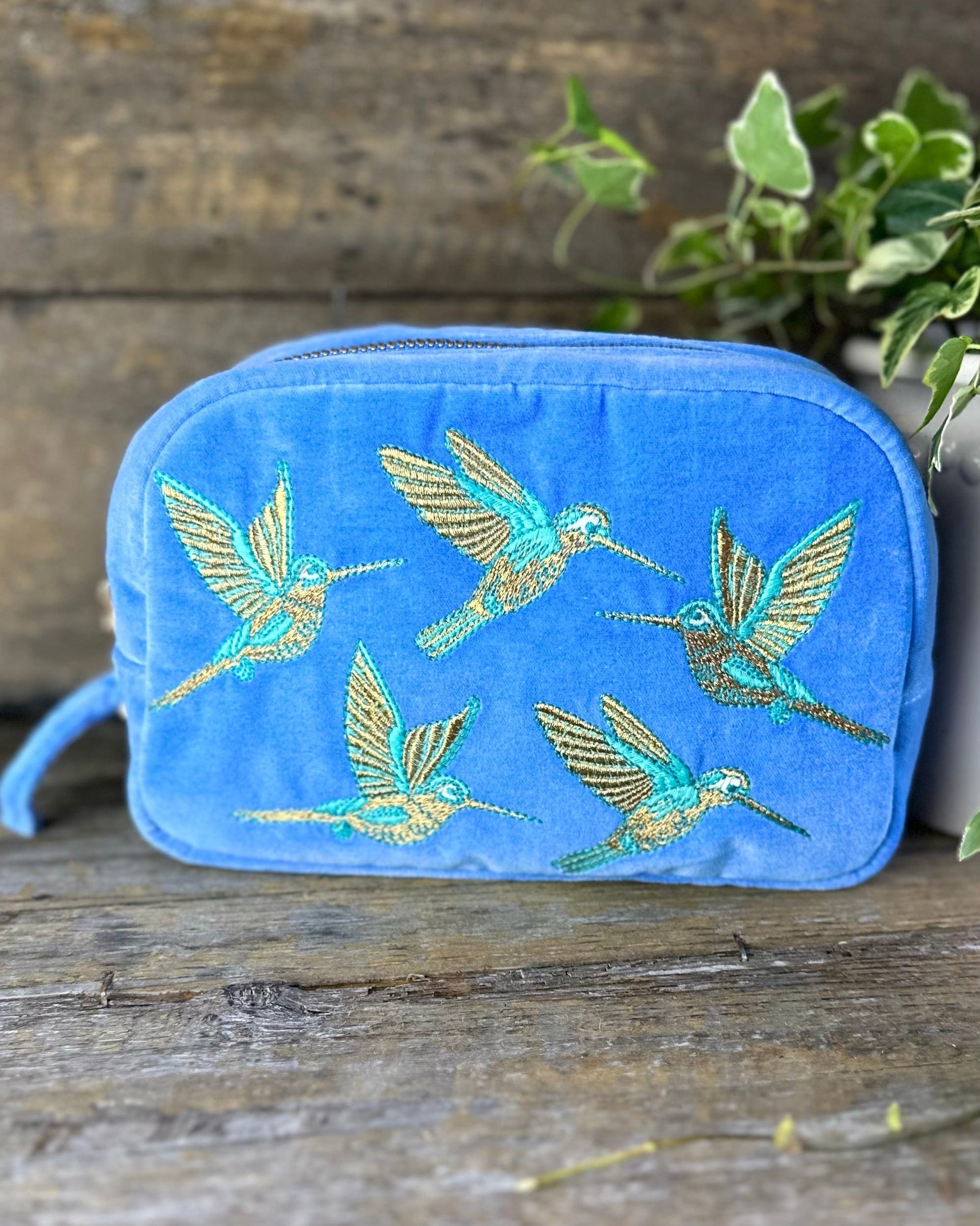 Hummingbird Velvet Cosmetics Bag - Blue