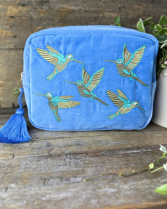 Hummingbird Velvet Wash Bag - Blue