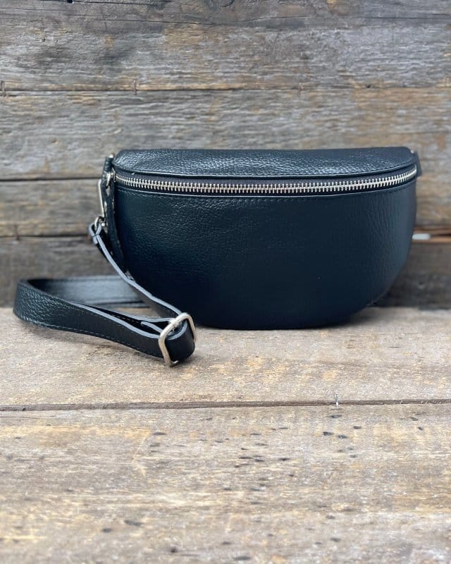 Leather Tassel Bag Leather Belt Bag - Black With Silver Finishings