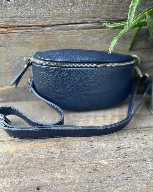 Leather Tassel Bag Leather Belt Bag - Navy With Silver Finishings