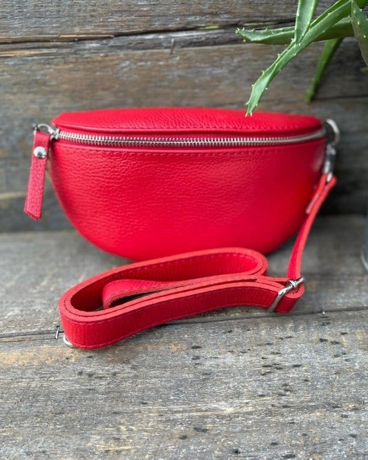Leather Tassel Bag Leather Belt Bag - Red With Silver Finishings