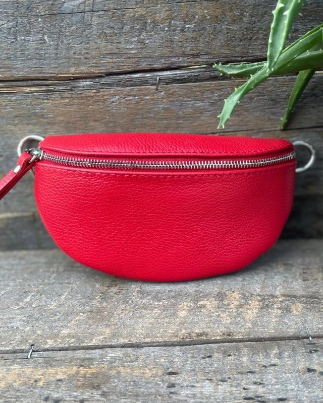 Leather Tassel Bag Leather Belt Bag - Red With Silver Finishings