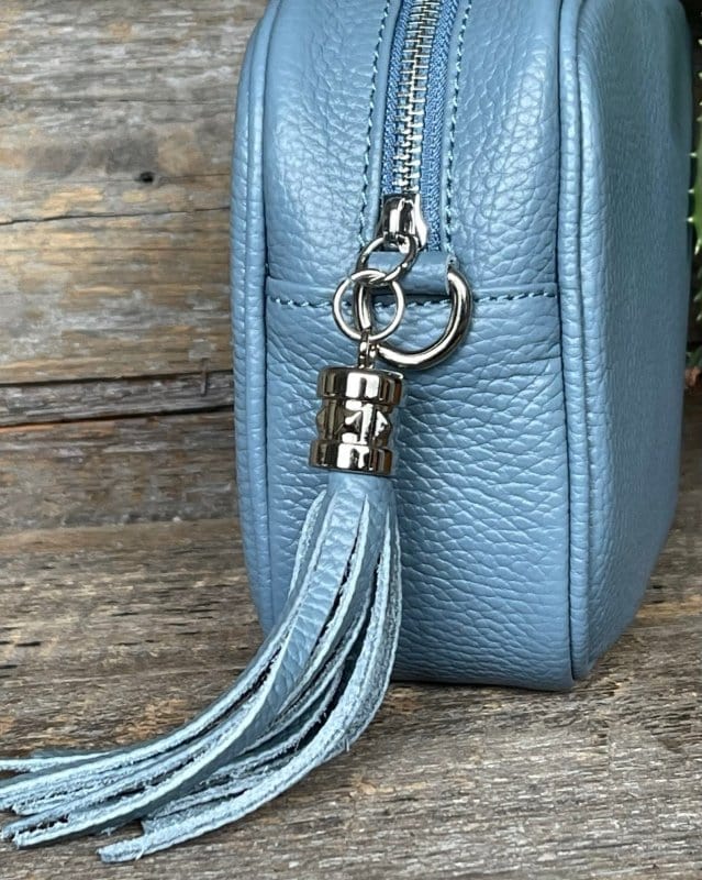 Ladies' Light Blue/Beige RFID-Safe Multi Zip Round Purse in Vienna Leather  - The Leather Locker