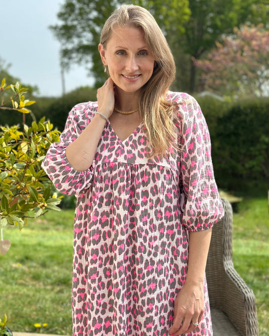 Leopard Print Dress - Fuchsia/Grey