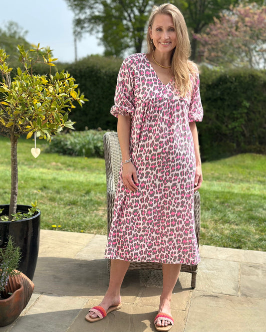 Leopard Print Dress - Fuchsia/Grey