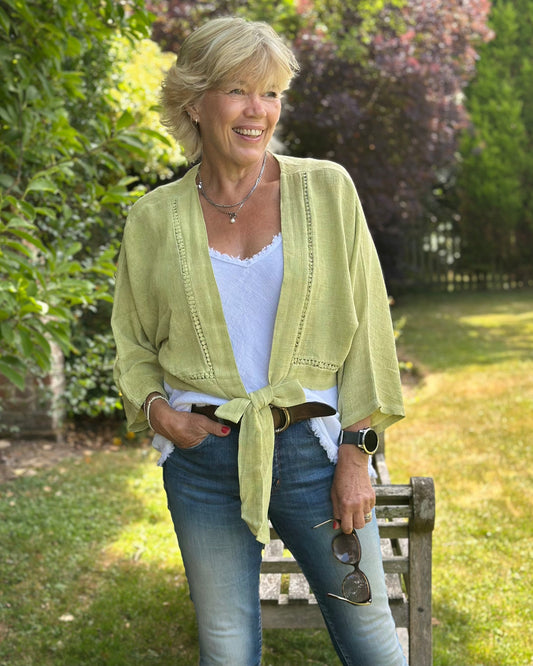 Linen and Cotton Blend Tie Front Bolero - Pistachio