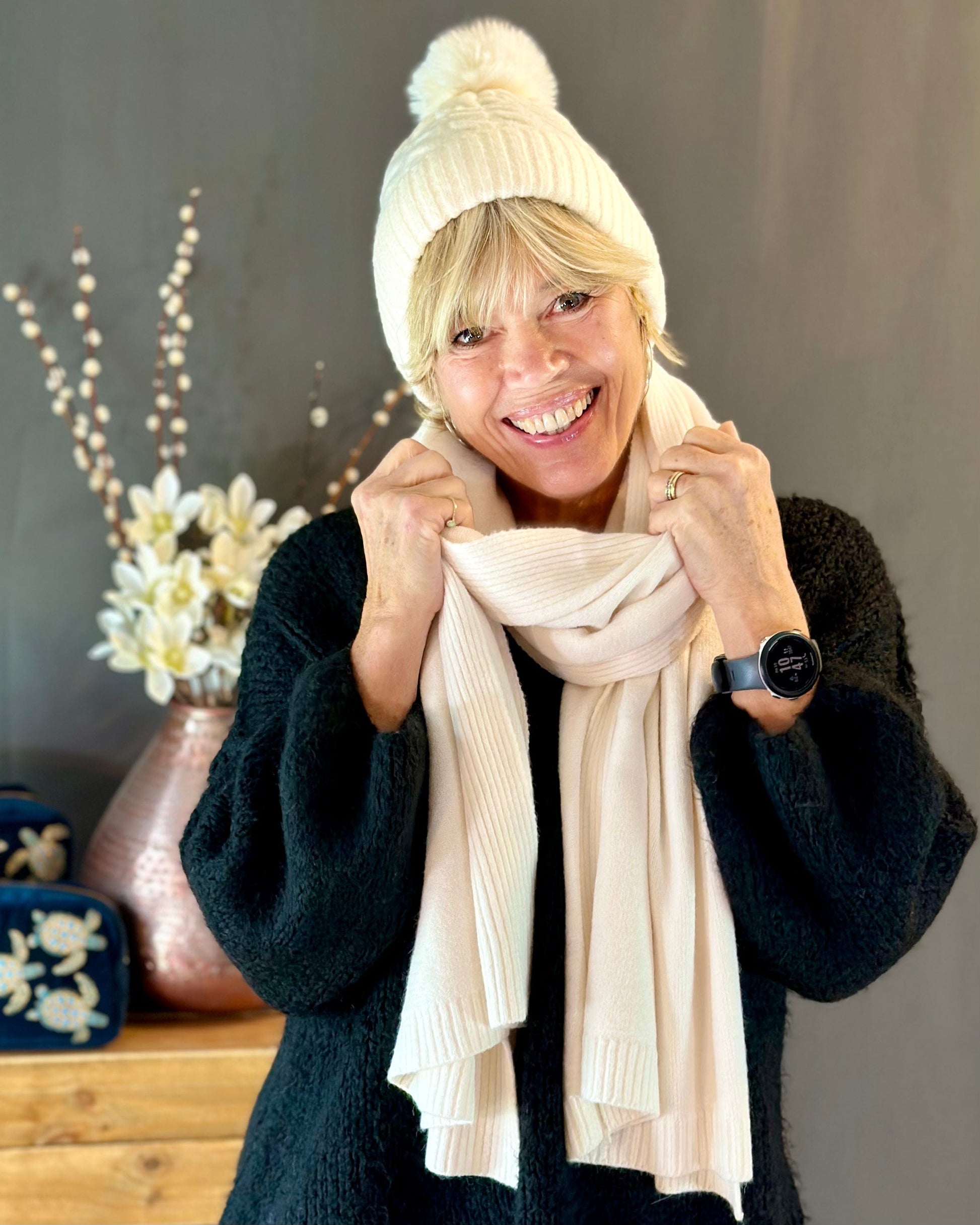 Long Ribbed Knitted Scarf Cream LavenderLime