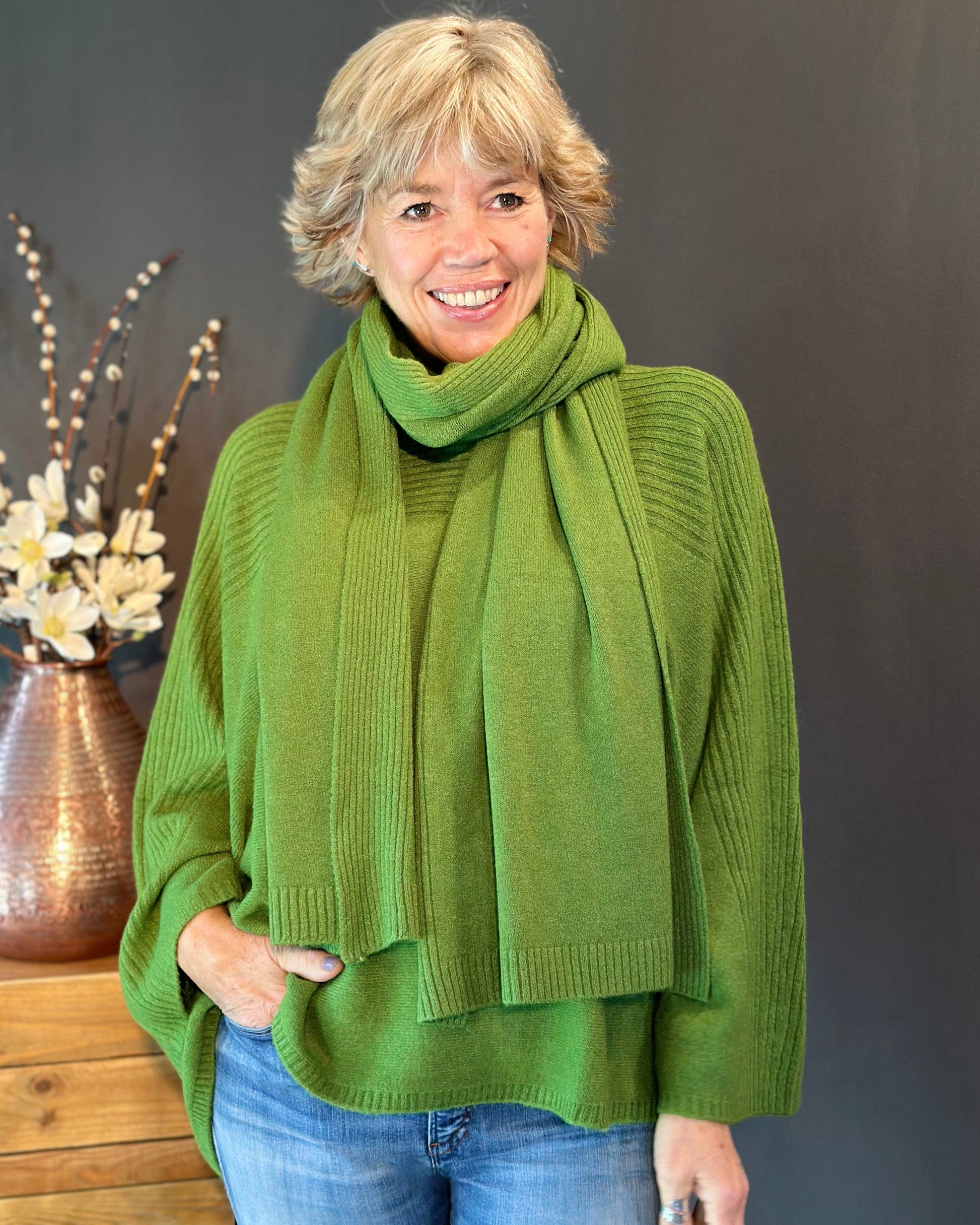 Long Ribbed Knitted Scarf - Fir Green