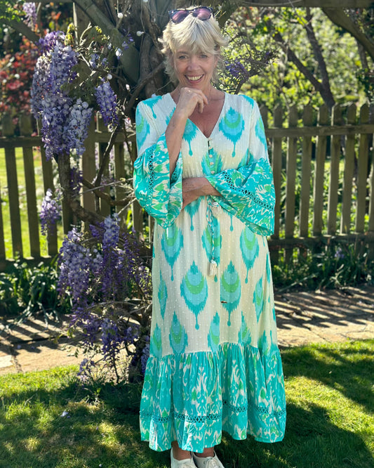 Long Textured Dress With Tassels - Turquoise/Cream