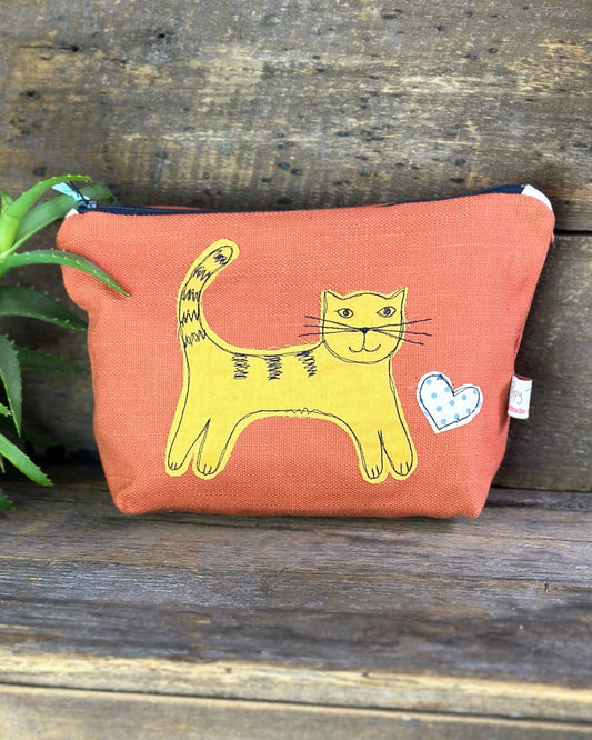 Make up bag Canvas Make Up Bag With Embroidered Cat - Burnt Orange