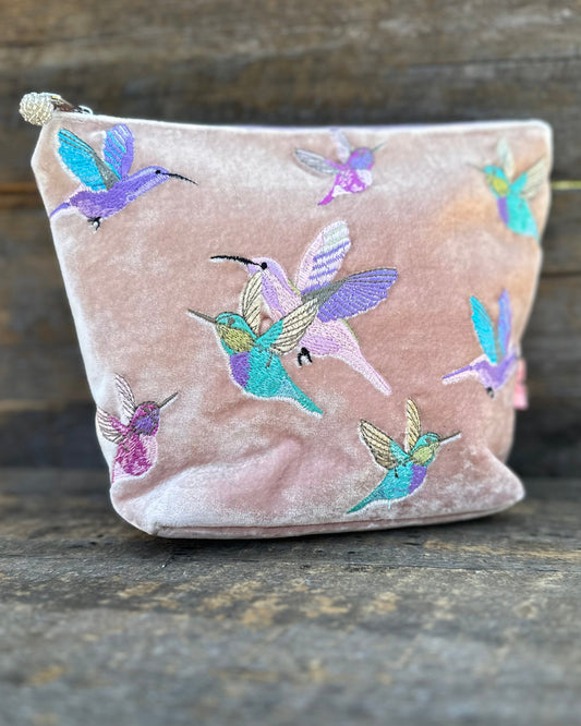 Make up bag Large Velvet Make Up Bag With Embroidered Hummingbirds - Pale Pink