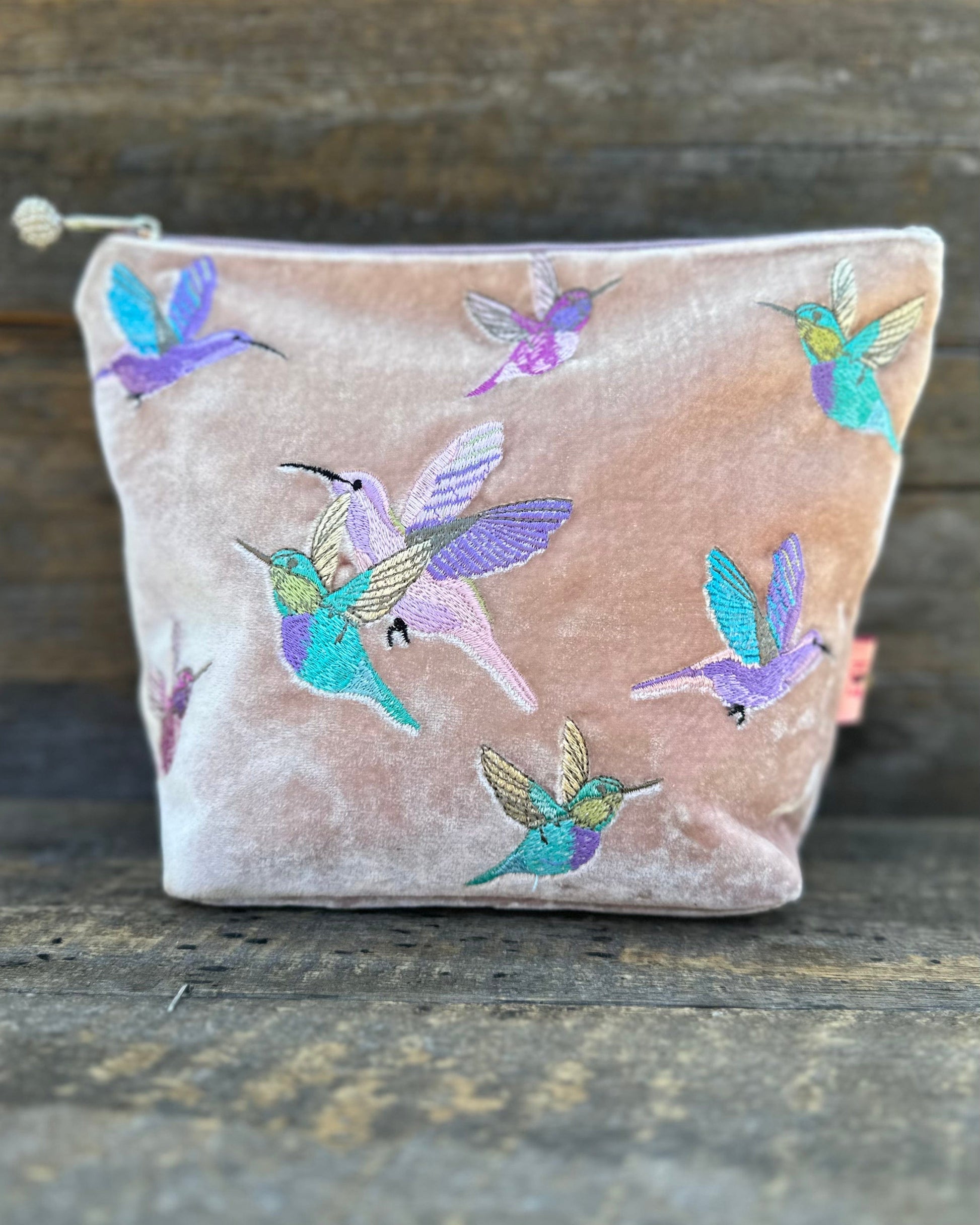 Make up bag Large Velvet Make Up Bag With Embroidered Hummingbirds - Pale Pink