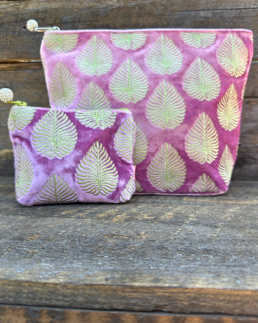 Make up bag Large Velvet Make Up Bag With Embroidered Palm Leaves - Lavender