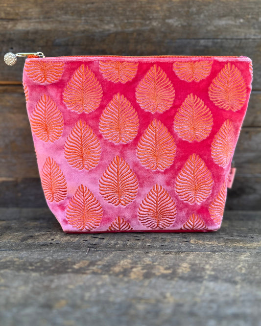 Make up bag Large Velvet Make Up Bag With Embroidered Palm Leaves - Pink/Coral