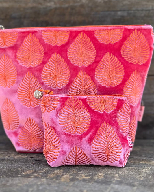 Make up bag Large Velvet Make Up Bag With Embroidered Palm Leaves - Pink/Coral