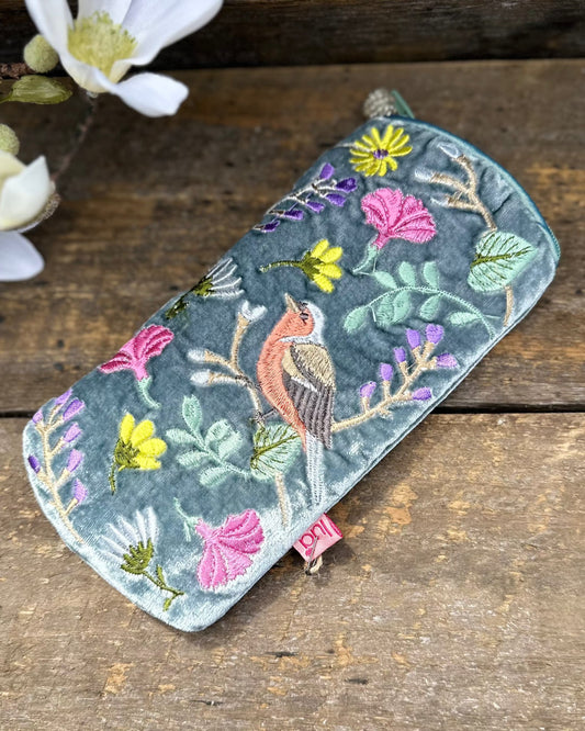 Make up bag Velvet Glasses Pouch With Finch & Flowers