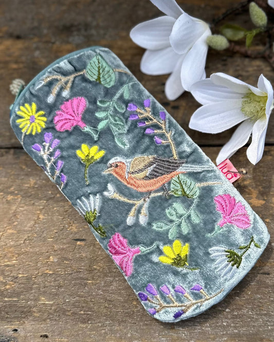 Make up bag Velvet Glasses Pouch With Finch & Flowers