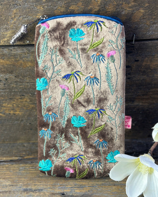 Make up bag Velvet Glasses Pouch With Flowers - Mink