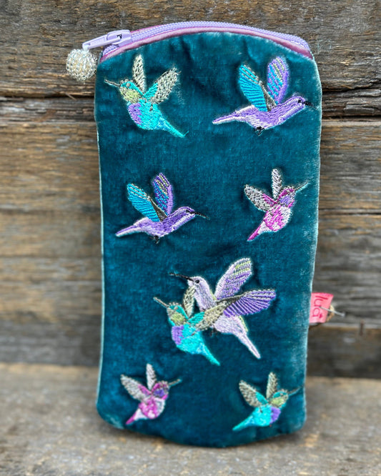 Make up bag Velvet Glasses Pouch With Hummingbirds - Aqua Blue