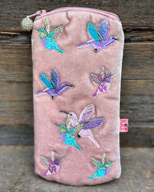 Make up bag Velvet Glasses Pouch With Hummingbirds - Pale Pink