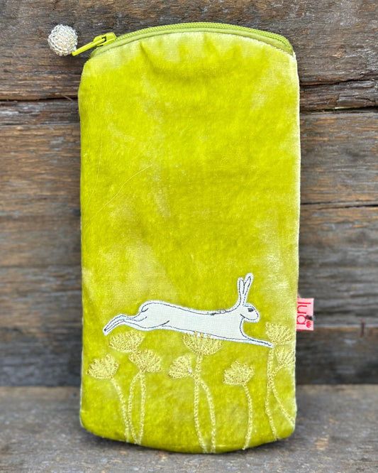 Make up bag Velvet Glasses Pouch With Leaping Hare - Lime