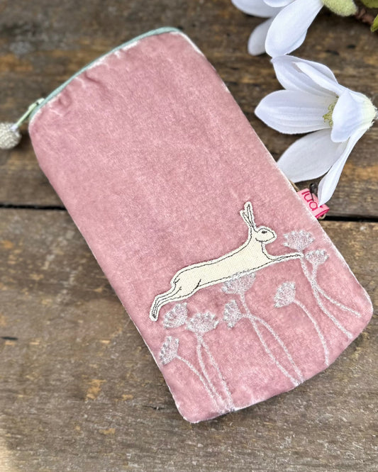 Make up bag Velvet Glasses Pouch With Leaping Hare - Pale Pink