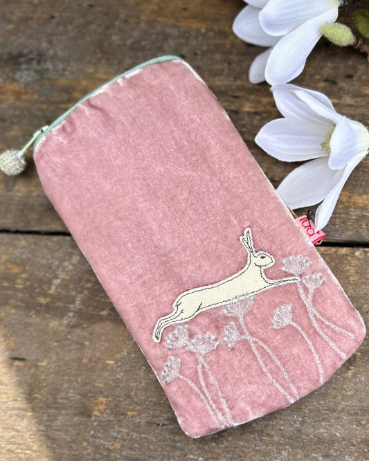 Make up bag Velvet Glasses Pouch With Leaping Hare - Pale Pink