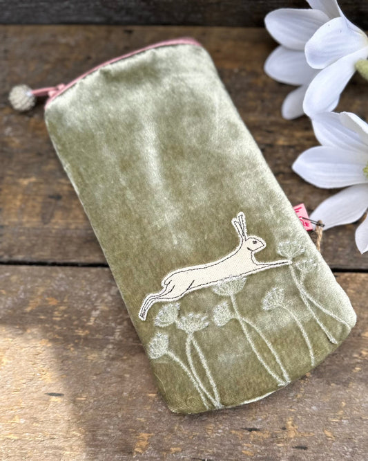 Make up bag Velvet Glasses Pouch With Leaping Hare - Pale Sage