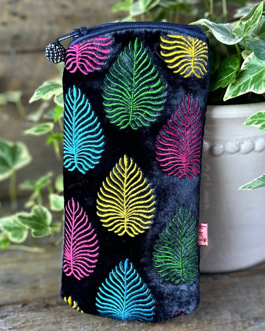 Make up bag Velvet Glasses Pouch With Multi Coloured Palm Leaves - Navy
