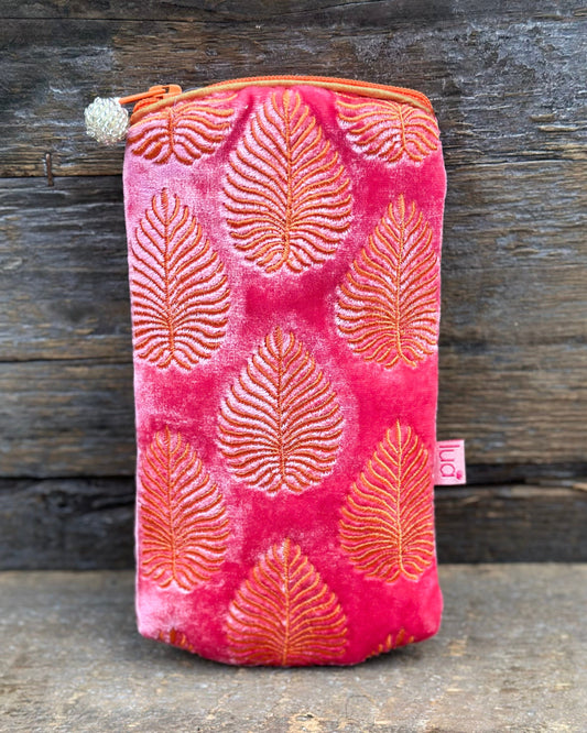 Make up bag Velvet Glasses Pouch With Palm Leaves - Pink/Coral