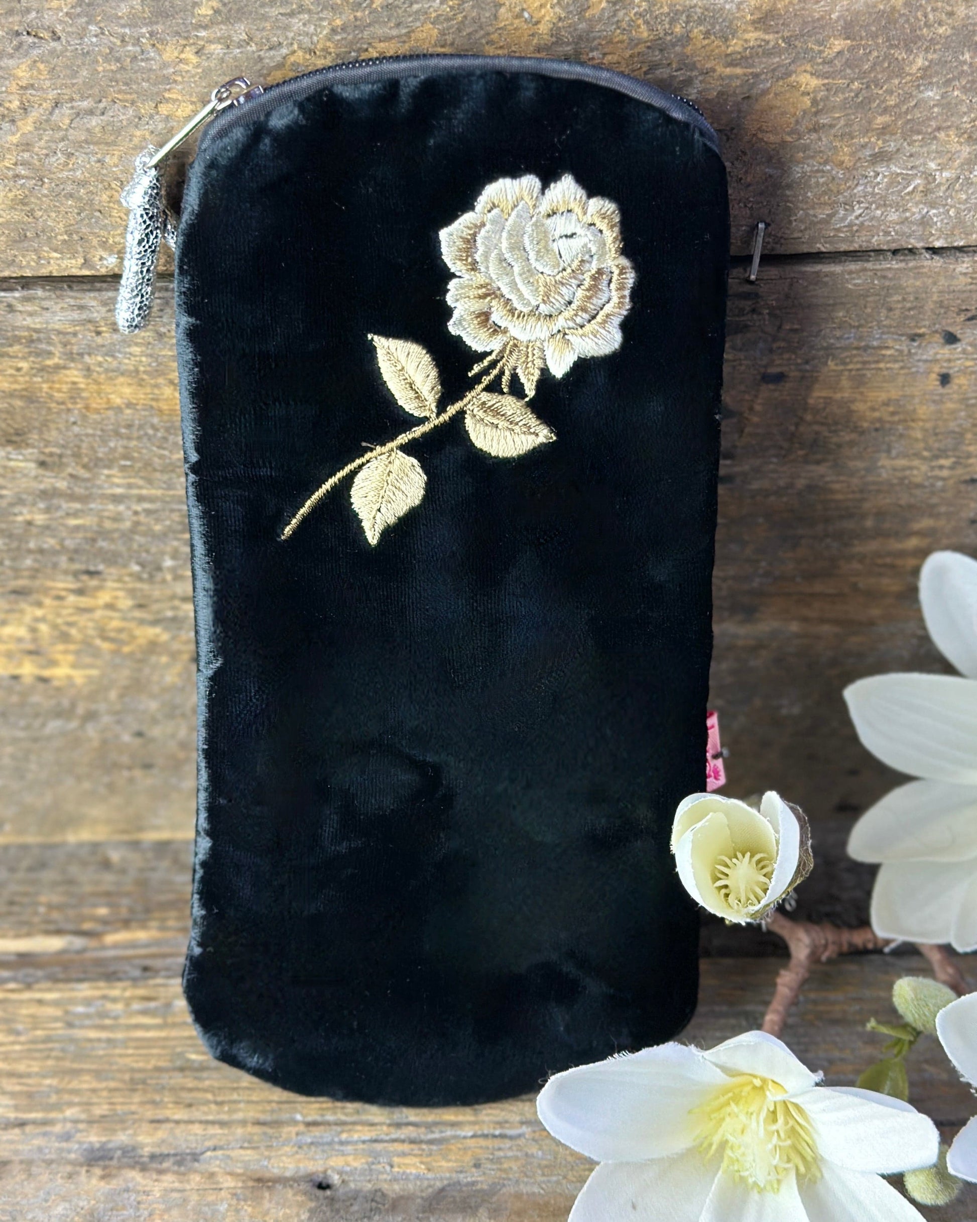 Make up bag Velvet Glasses Pouch With Rose - Black