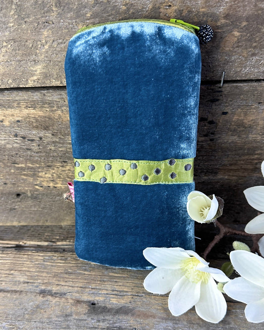 Make up bag Velvet Glasses Pouch With Sausage Dog - Turquoise Blue