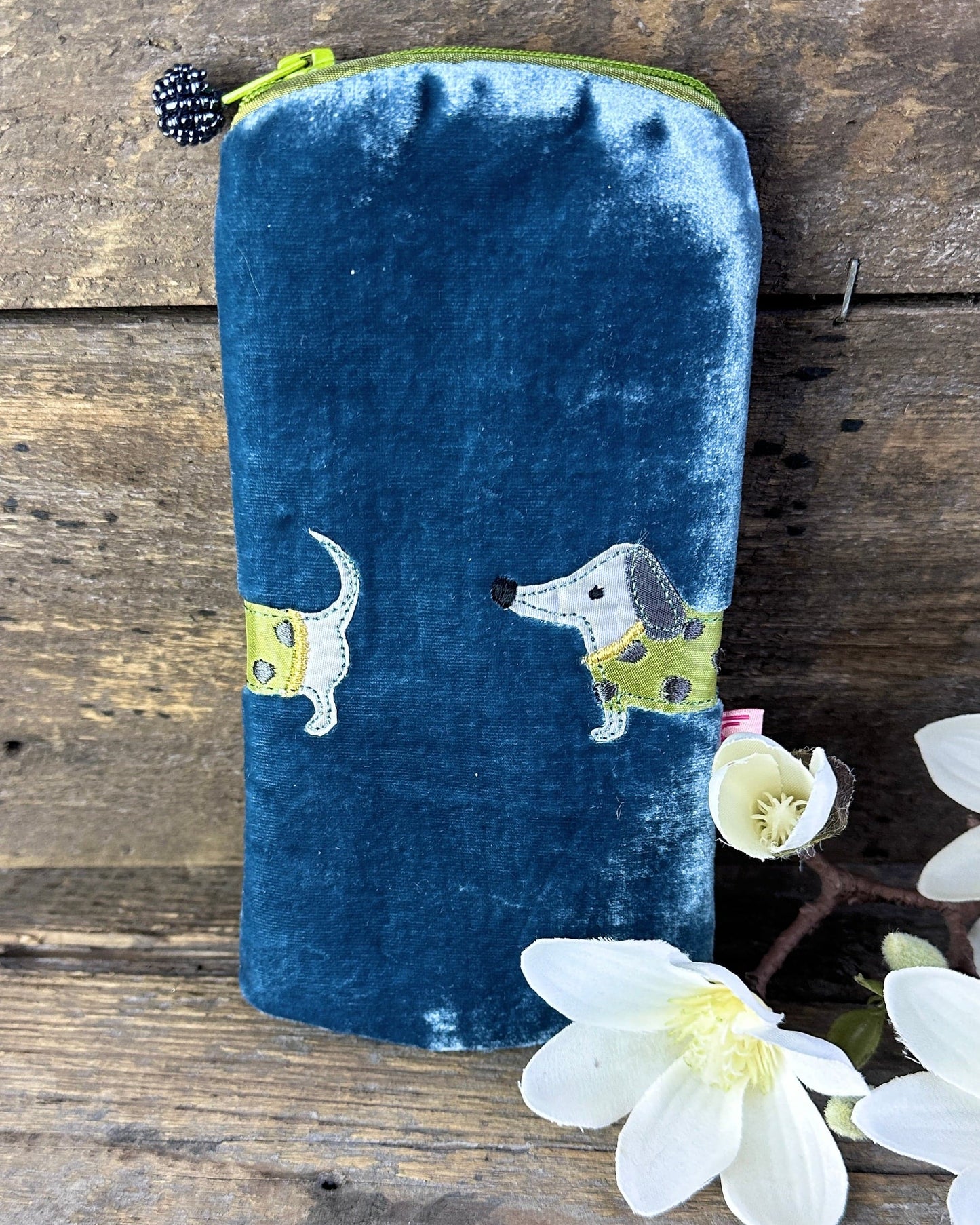 Make up bag Velvet Glasses Pouch With Sausage Dog - Turquoise Blue