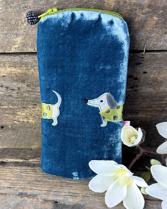 Make up bag Velvet Glasses Pouch With Sausage Dog - Turquoise Blue