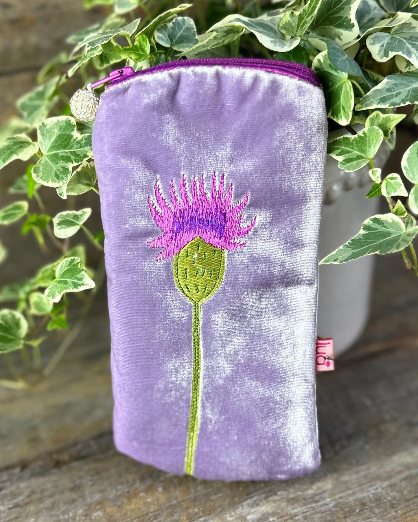 Make up bag Velvet Glasses Pouch With Thistle - Lilac