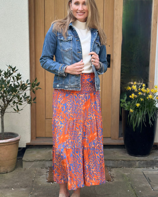 Patterned Tiered Skirt/Dress - Orange/Denim