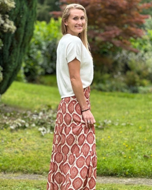 Long red tiered outlet skirt