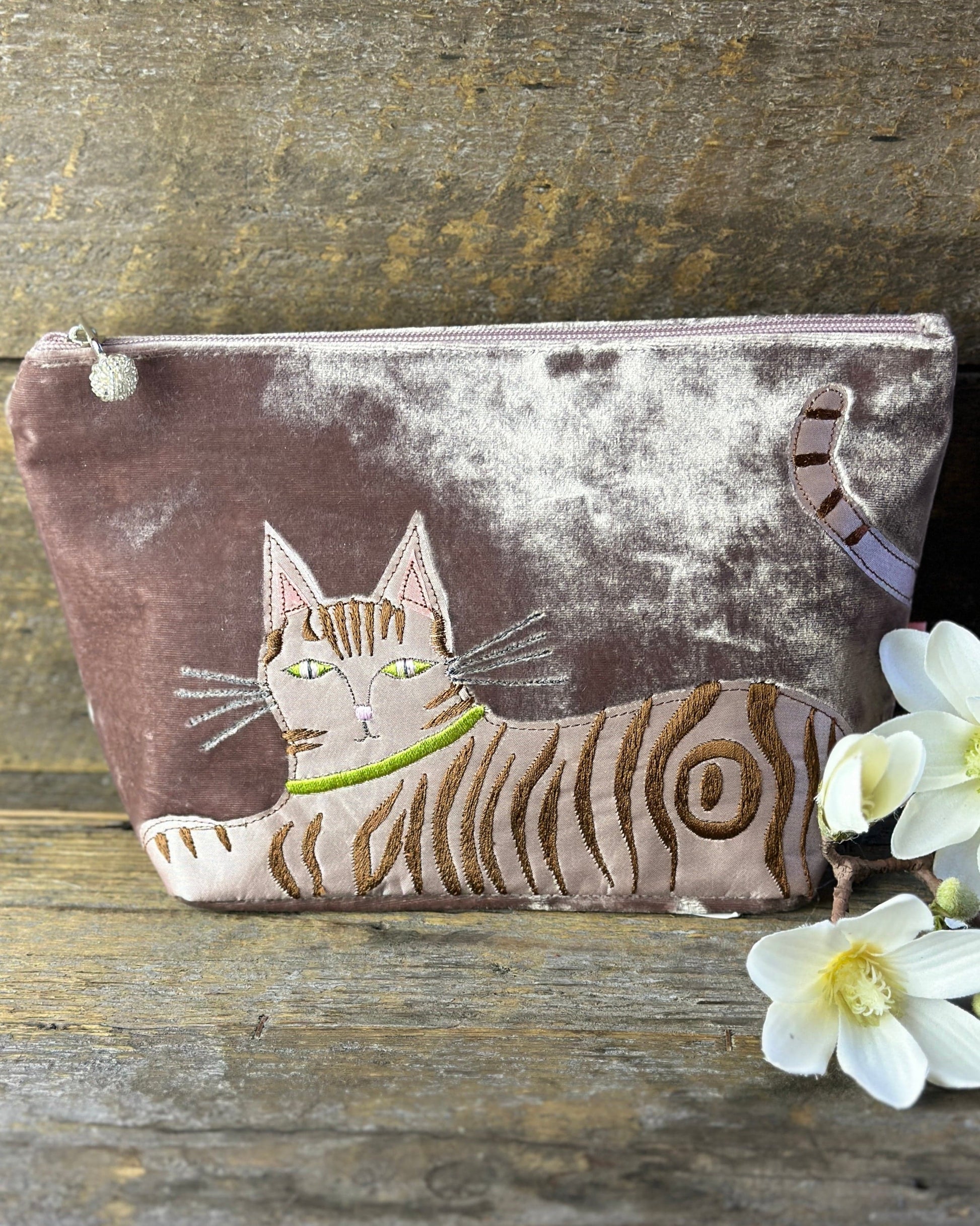purse Large Velvet Make Up Bag Tabby Cat  - Mink