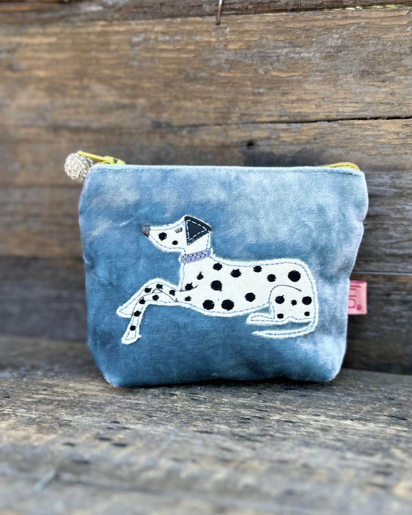 purse Velvet Embroidered Dalmatian Mini Coin Purse - Pale Blue