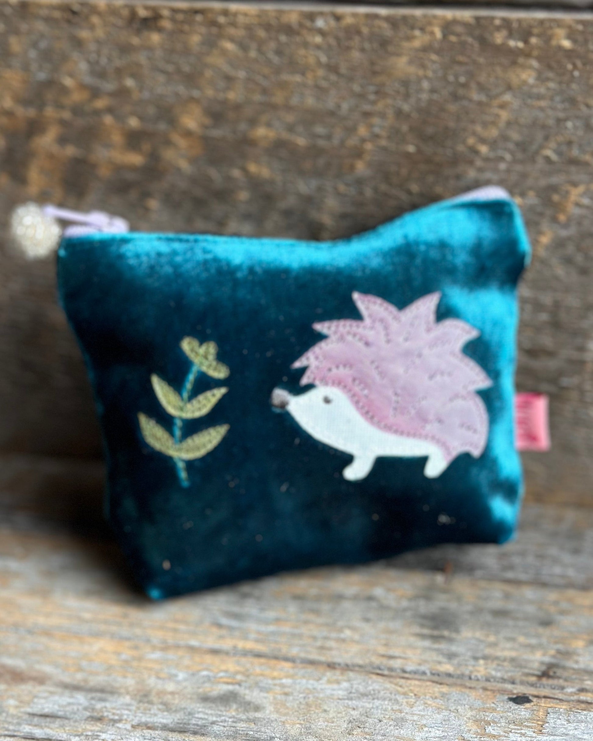 purse Velvet Embroidered Hedgehog Mini Coin Purse - Teal