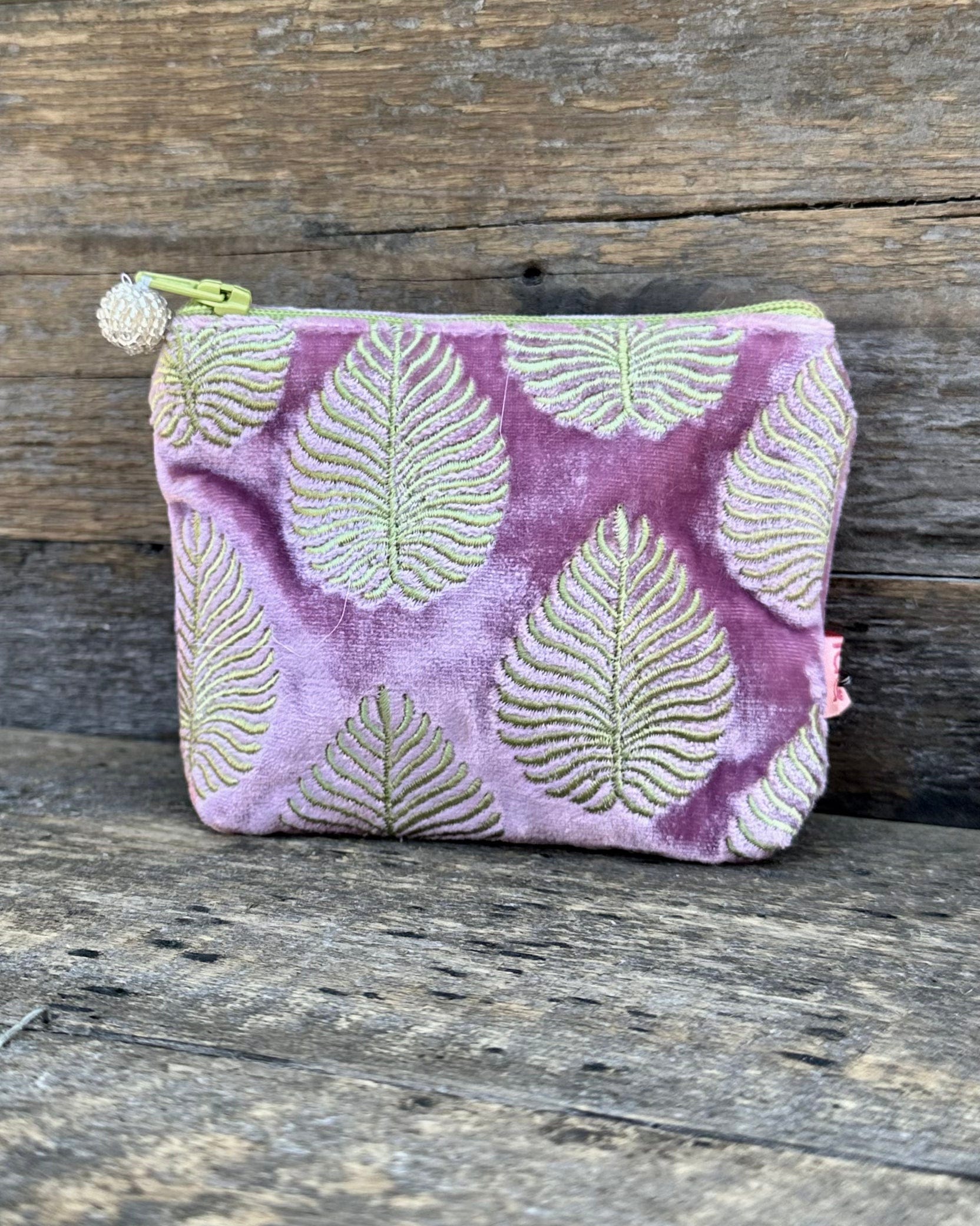 purse Velvet Embroidered Leaf Mini Coin Purse - Lavender