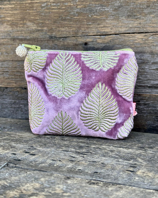 purse Velvet Embroidered Leaf Mini Coin Purse - Lavender