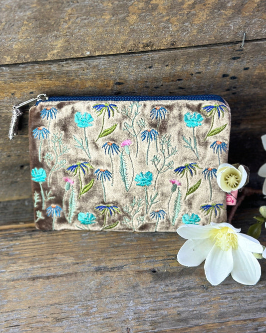 purse Velvet Embroidered Meadow Flowers Coin Purse - Mink