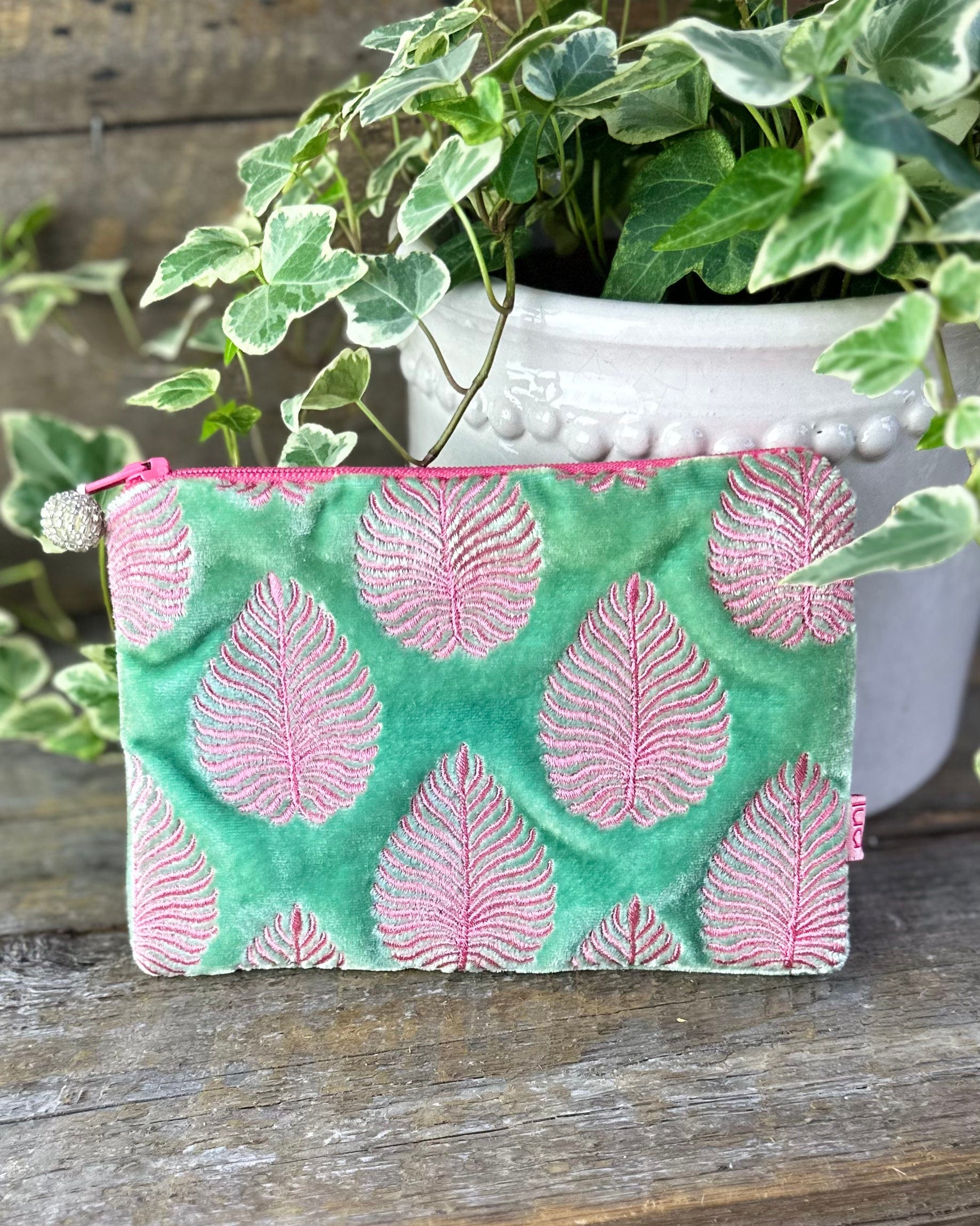 purse Velvet Embroidered Palm Leaf Coin Purse - Aqua Green