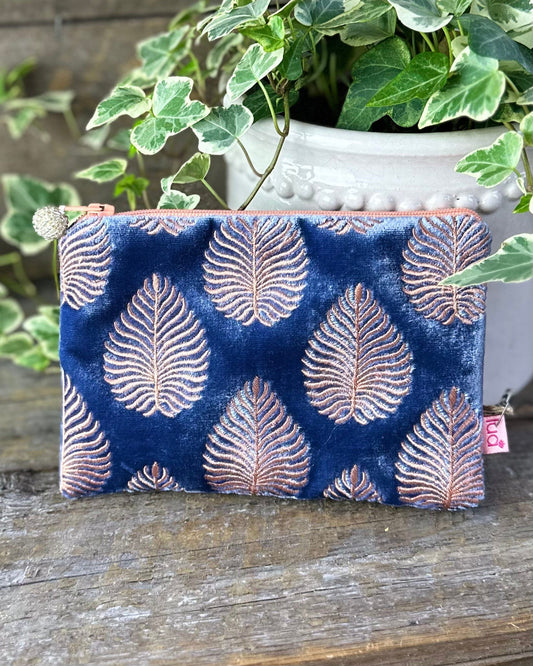 purse Velvet Embroidered Palm Leaf Coin Purse - Denim Blue