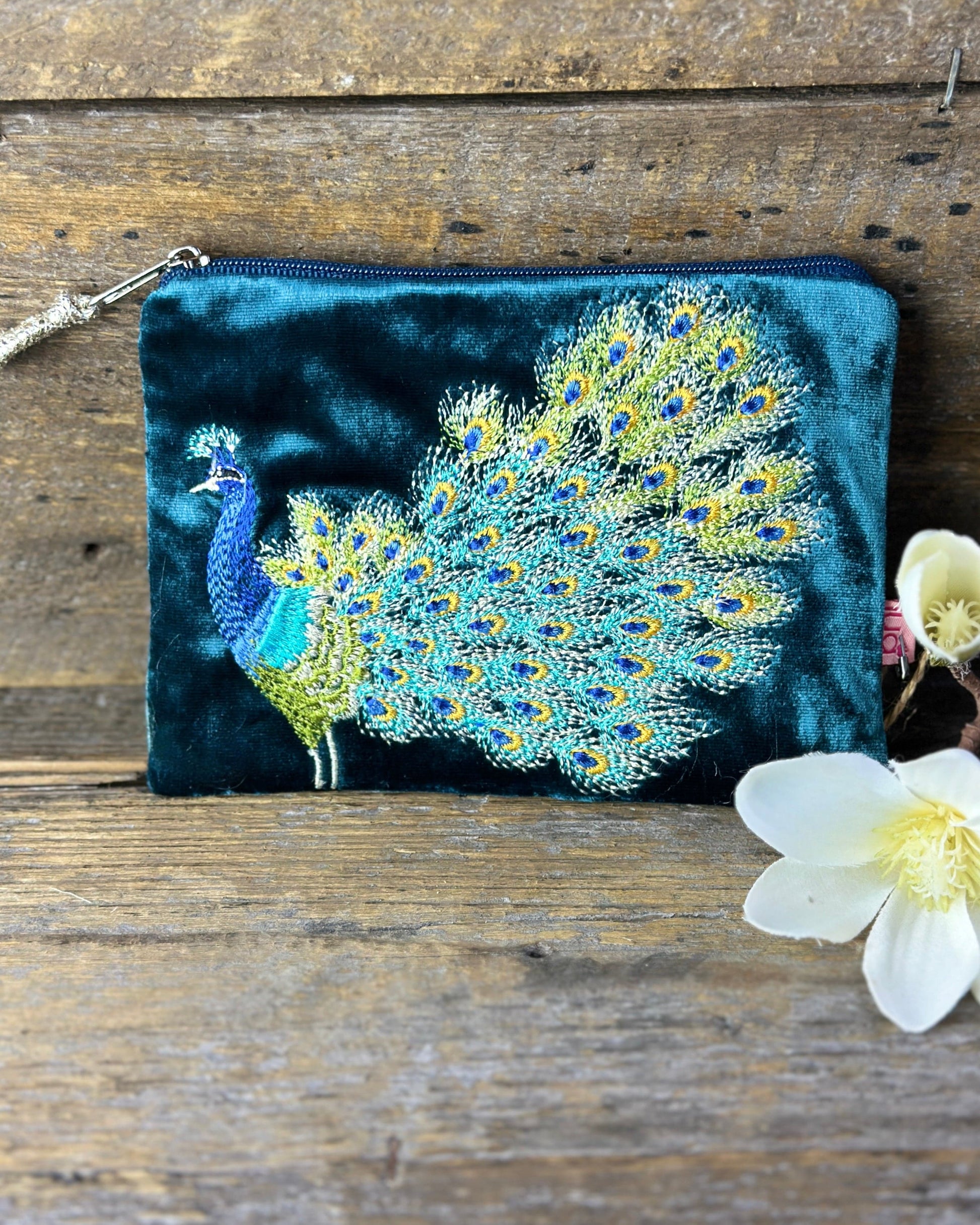 purse Velvet Embroidered Peacock - Teal