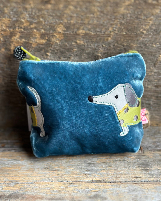 purse Velvet Embroidered Sausage Dog Mini Purse - Blue