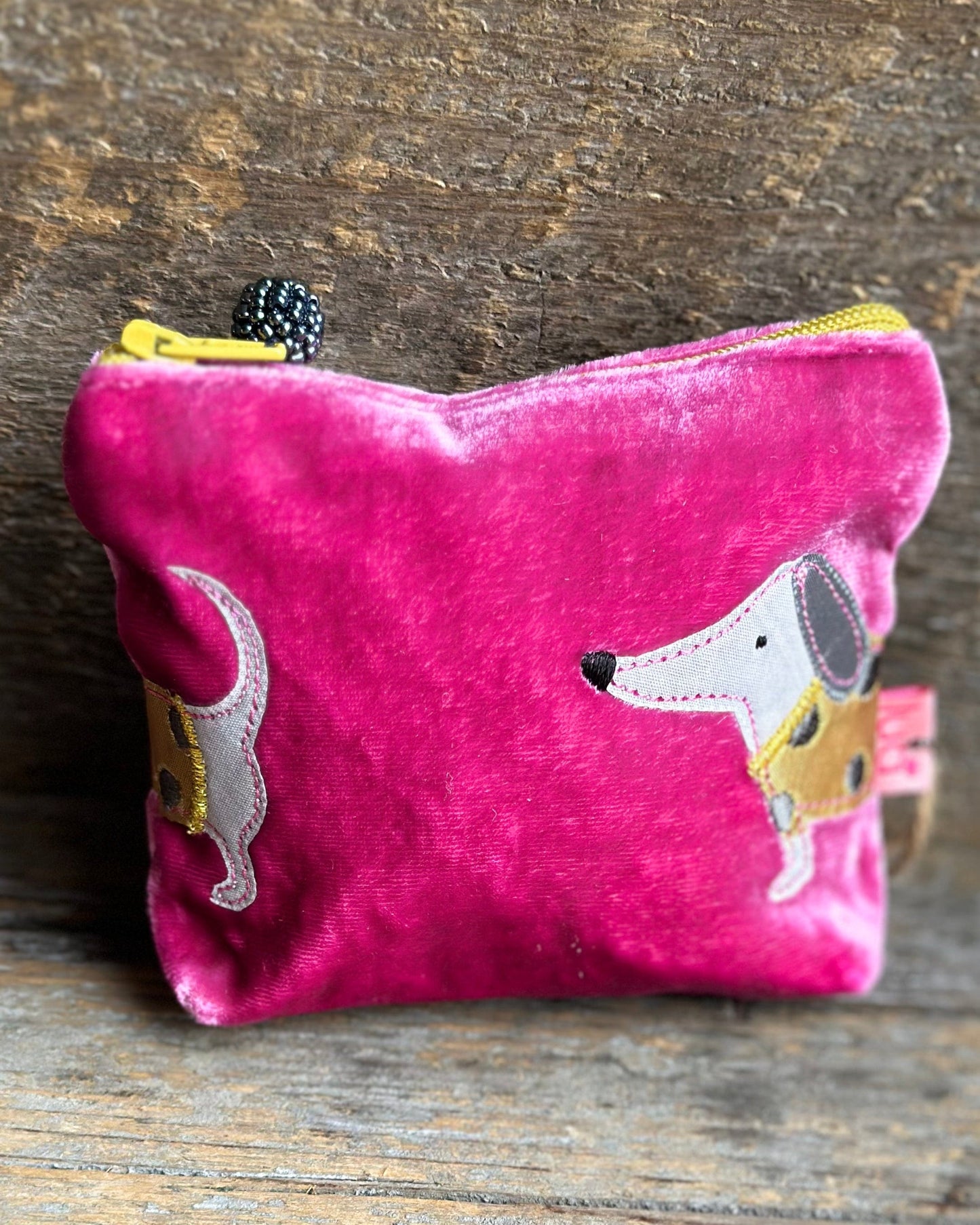 purse Velvet Embroidered Sausage Dog Mini Purse - Pink